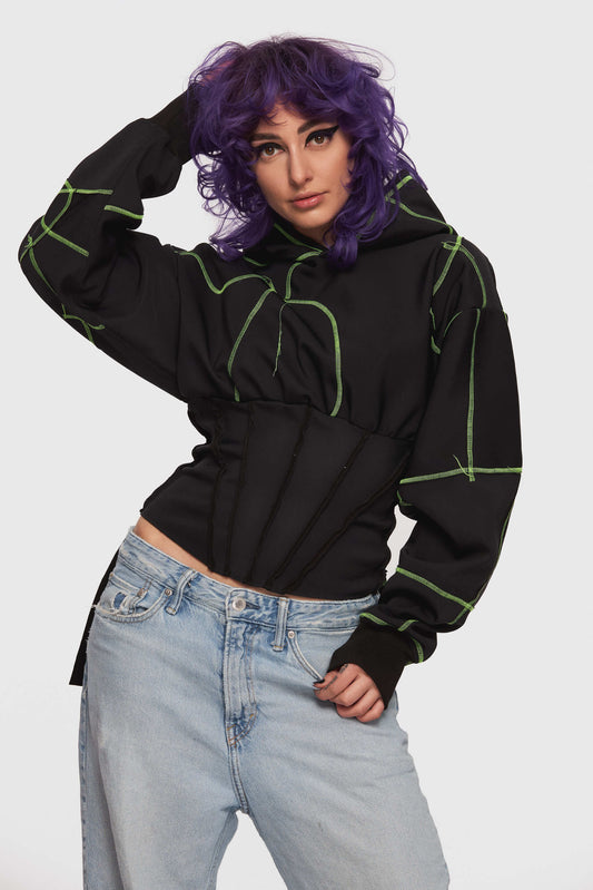 Green Patchwork Corset Hoodie